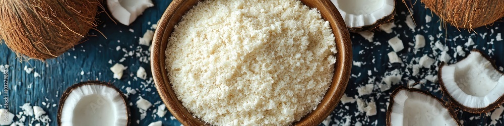 coconuts and coconut flour. Selective focus