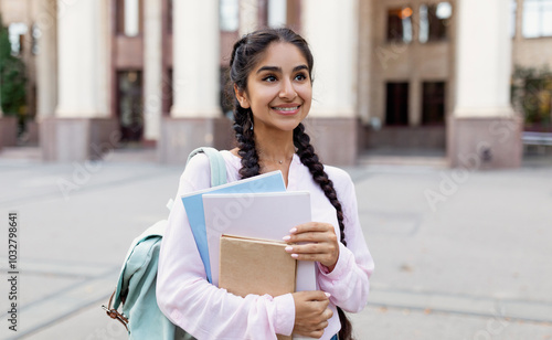 Outdoor portrait of cheerful indian female student with backpack and workbooks standing near college building, looking at camera and smiling photo