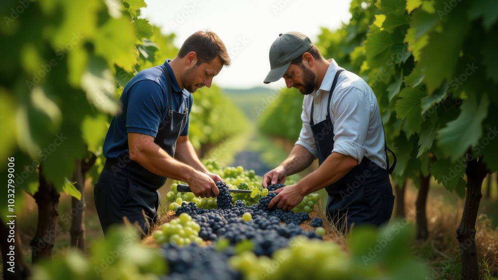 Winemakers harvesting grapes in vineyard during wine harvest Winemakers harvesting grapes in vineyard during wine harvest
