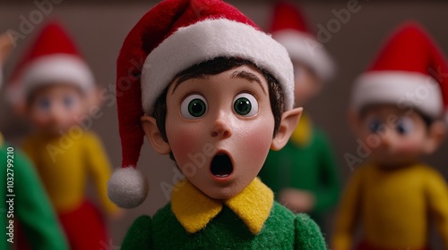 Elf with a furious look, throwing a stuffed toy across the room in frustration, while his pointy hat falls off and other elves watch in shock 