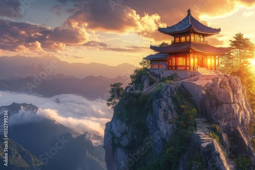 Wallpaper Mural A Chinese Pagoda Perched Atop a Mountain Cliff at Sunset Torontodigital.ca