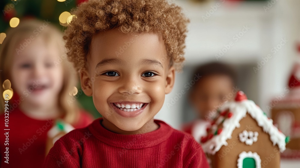 Group of children, including a child using a walker, excitedly making gingerbread houses together in a kitchen decorated for Christmas Group of children, including a child using a walker, excitedly making gingerbread houses together in a kitchen decorated for Christmas