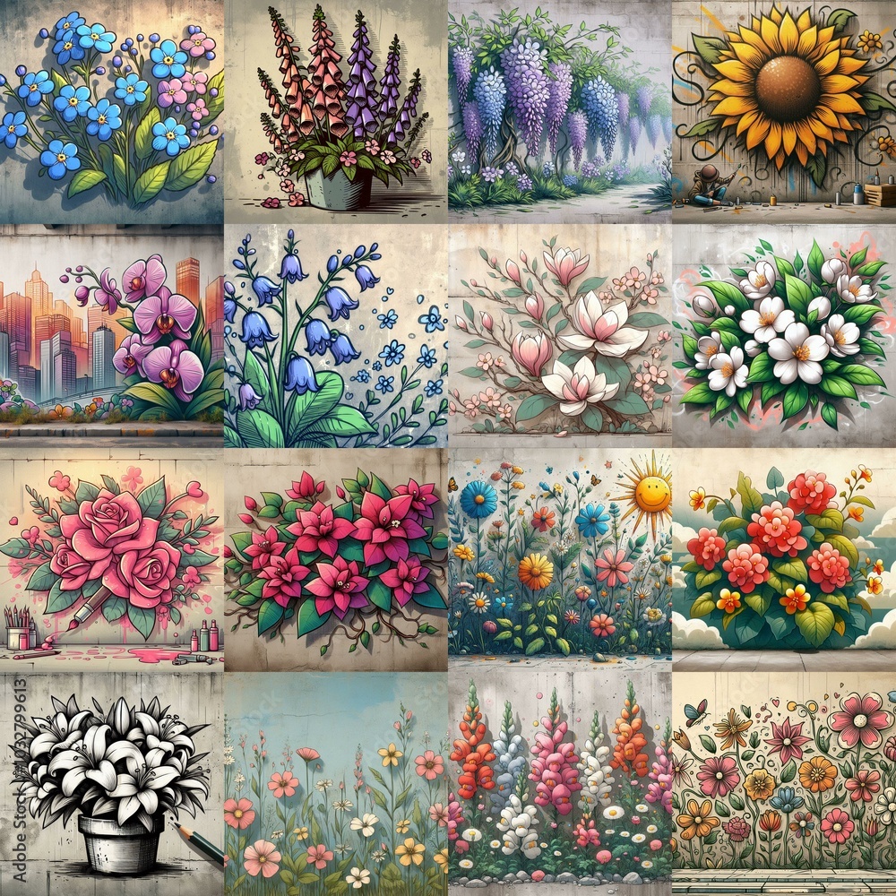 Fototapeta premium Street art Flowers painted on the concrete wall. AI generated illustration