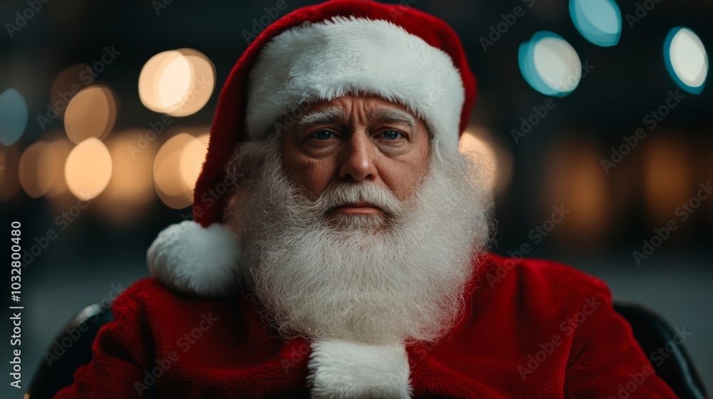 Santa Claus sitting on his sleigh in an empty town square, staring at the ground with a heavy heart, holiday lights glowing faintly in the distance Santa Claus sitting on his sleigh in an empty town square, staring at the ground with a heavy heart, holiday lights glowing faintly in the distance
