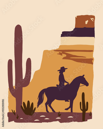 Western Cowgirl Cactus Desert Nature Landscape Vector Illustration