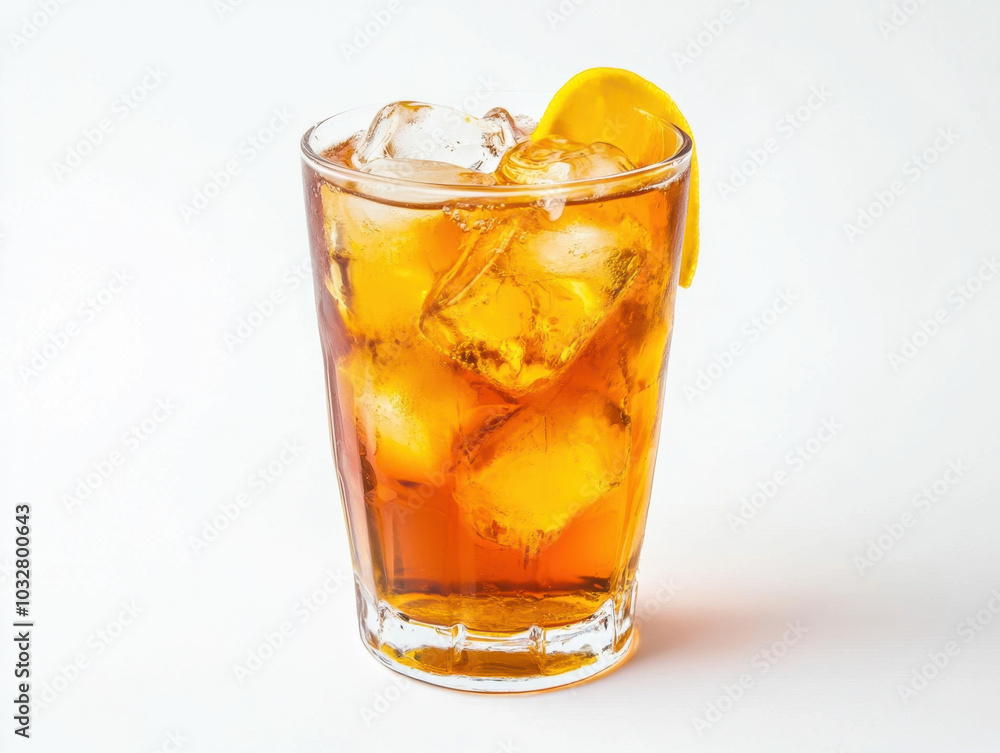 Refreshing iced tea with orange slices and mint leaves garnishing the glass in bright light Refreshing iced tea with orange slices and mint leaves garnishing the glass in bright light