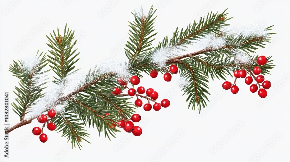 A fir tree branch with red berries and snow, perfect for Christmas decorations. Green spruce branch, isolated on a transparent background. A fir tree branch with red berries and snow, perfect for Christmas decorations. Green spruce branch, isolated on a transparent background.