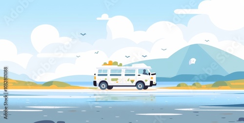  a cute van driving on a road with a coastal scenery in light yellow and blue tones , and a calm sea with scattered houses and green mountains. 