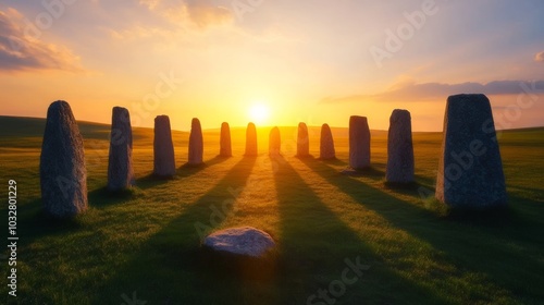 Sun rising directly above an ancient stone circle, casting long shadows across the ground, symbolizing the alignment and balance of the Spring Equinox 