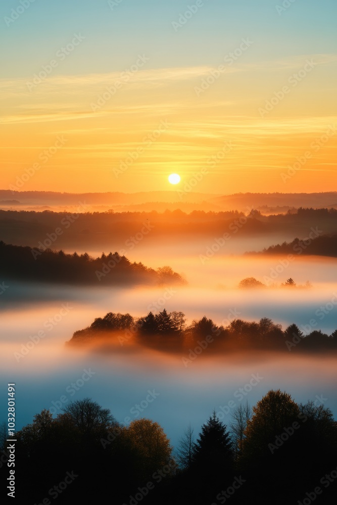 Fototapeta premium Golden Sunrise Over Misty Hills and Forests at Dawn