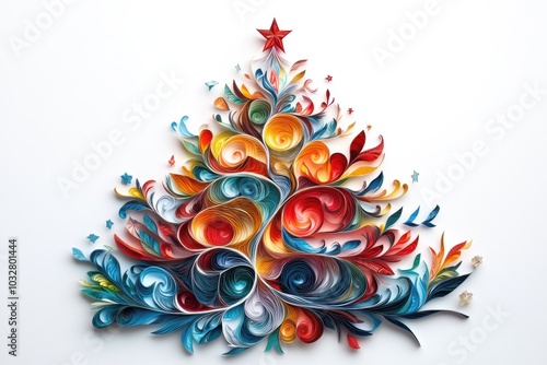 paper craft art, a detailed christmas tree made of paper with intricate designs and bright colors, set against a white backdrop photo