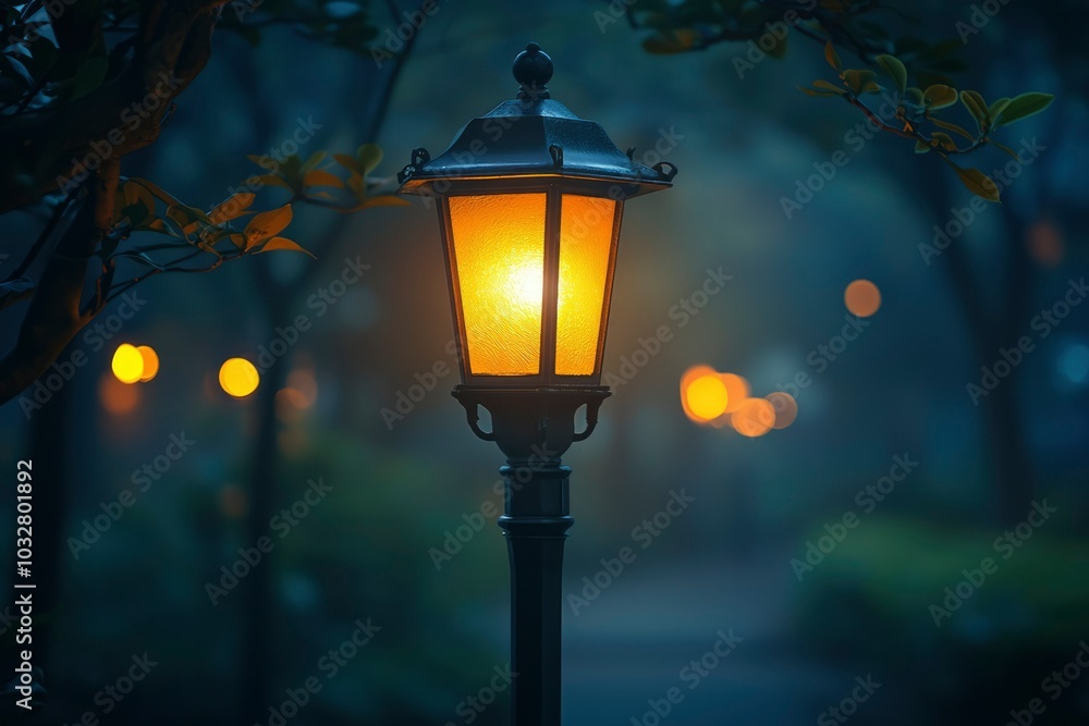 A Single Illuminated Street Lamp in a Dark, Foggy Environment A Single Illuminated Street Lamp in a Dark, Foggy Environment