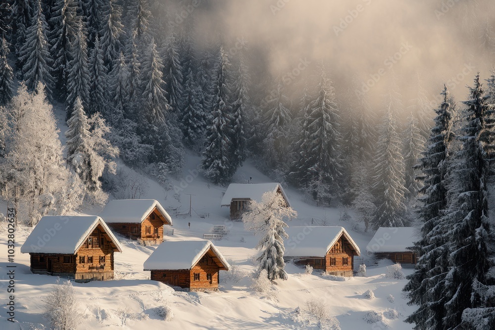 Naklejka premium Snowy Forest Landscape with Wooden Cabins