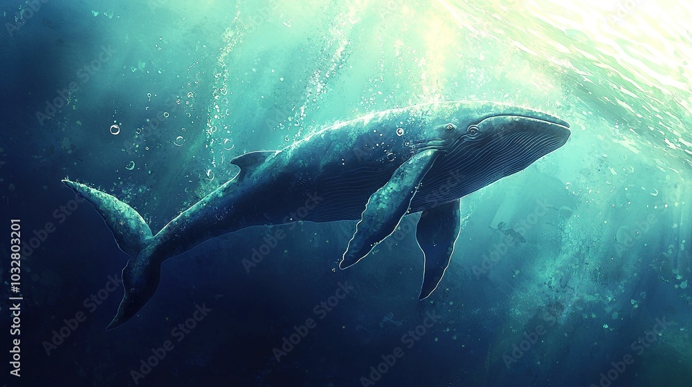 Fototapeta premium A humpback whale painting with sunbeams illuminating its swim in the ocean