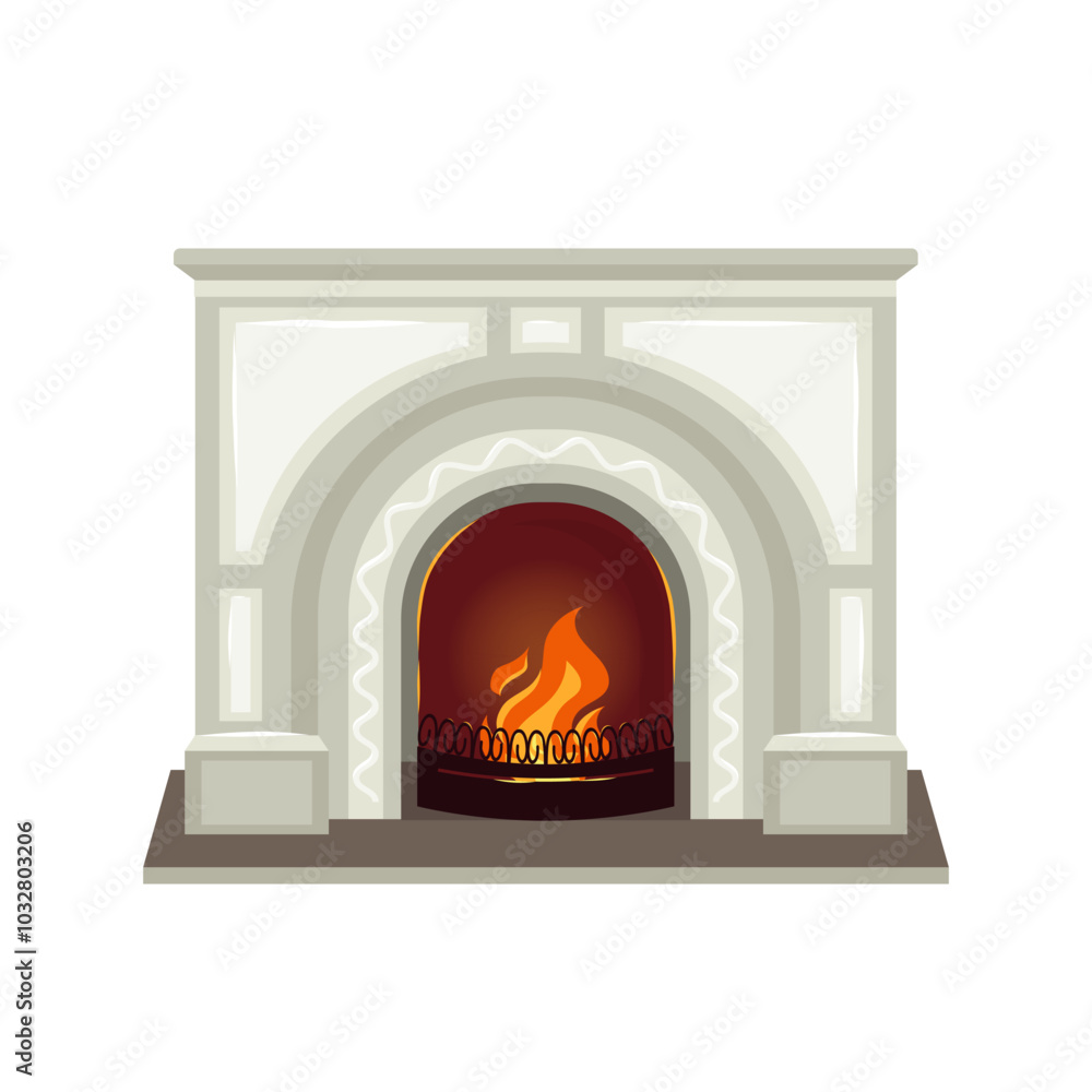 Modern fireplace with decor elements and carved iron fence Cozy winter interior bonfire, burning flame blazing inviting warm fire. Home open hearth for comfort and relaxation. Vector flat illustration Modern fireplace with decor elements and carved iron fence Cozy winter interior bonfire, burning flame blazing inviting warm fire. Home open hearth for comfort and relaxation. Vector flat illustration