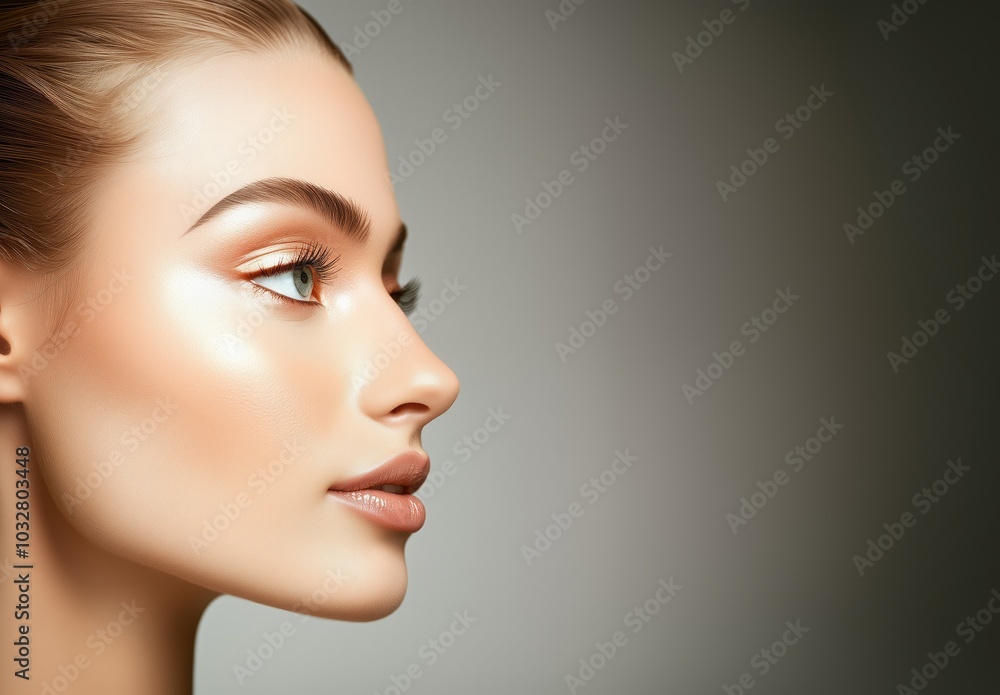 A close-up portrait of a woman showcasing flawless skin and elegant features against a light background. A close-up portrait of a woman showcasing flawless skin and elegant features against a light background.