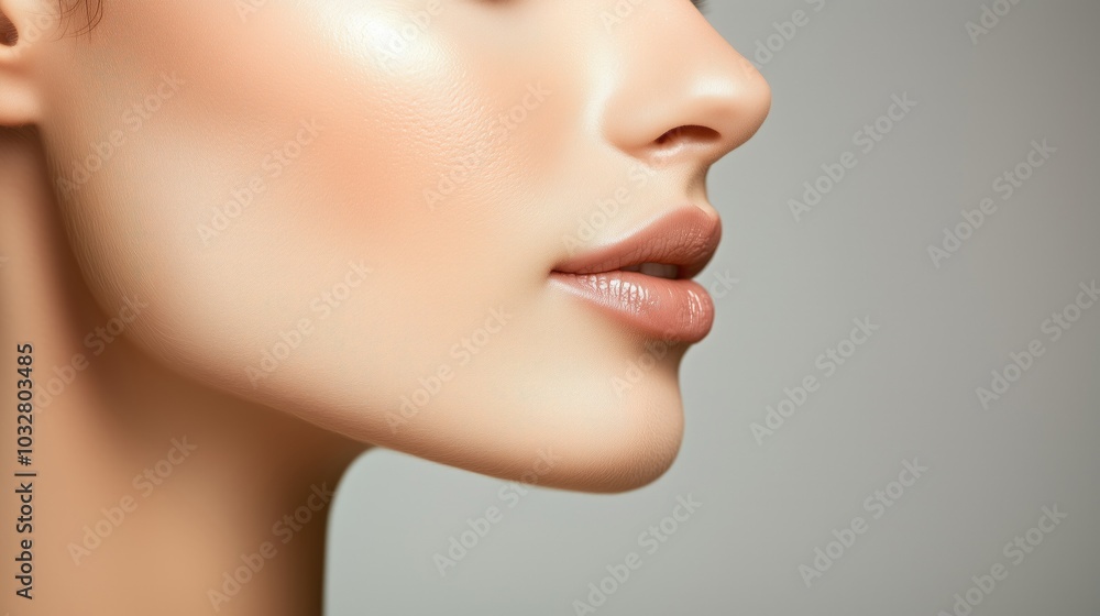 A close-up view of a woman's face showcasing flawless skin and natural beauty. A close-up view of a woman's face showcasing flawless skin and natural beauty.