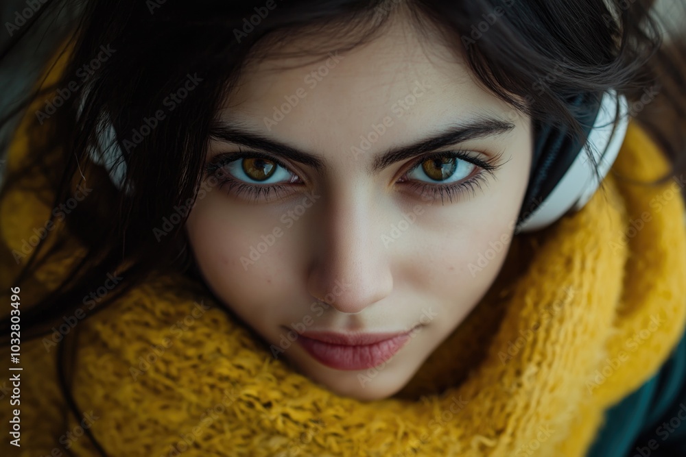A young woman with headphones and a yellow scarf, focused and working on a project. A young woman with headphones and a yellow scarf, focused and working on a project.