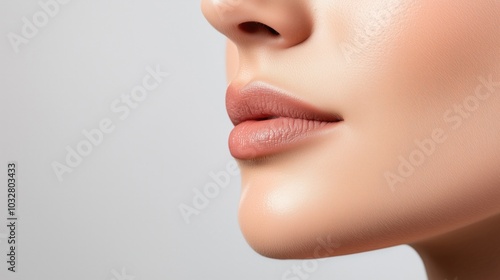 A close-up view of a woman's face showcasing flawless skin and soft lips against a light background.