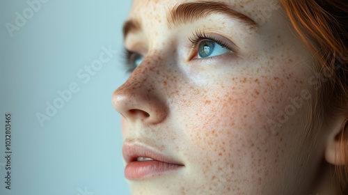 A close-up portrait of a woman showcasing her flawless skin and freckles against a light background.