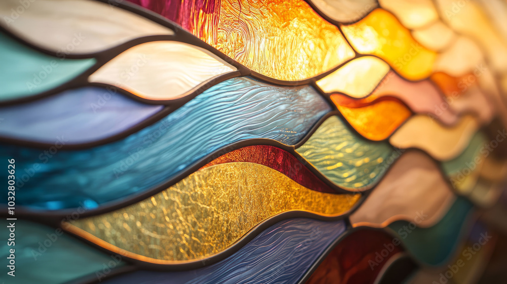 Colorful stained glass with wave-like patterns. Colorful stained glass with wave-like patterns.