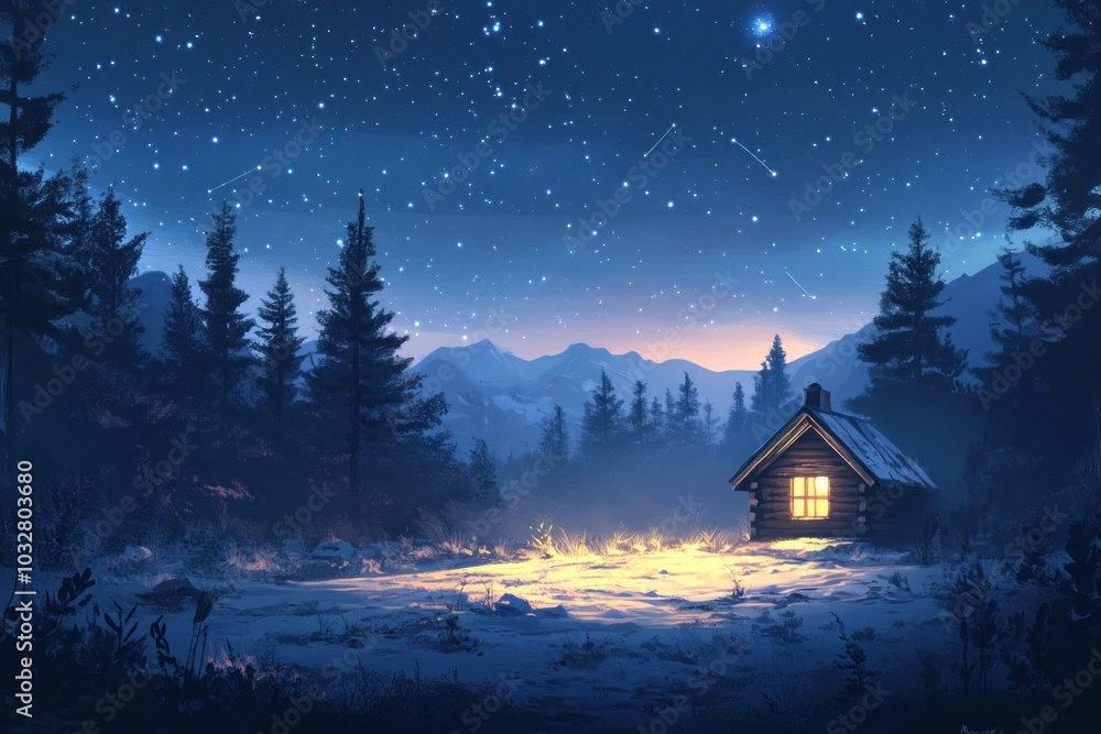 A Cabin Glowing with Warm Light Amidst a Snowy Forest Under a Starry Sky A Cabin Glowing with Warm Light Amidst a Snowy Forest Under a Starry Sky
