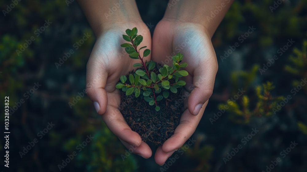 Fototapeta premium Hands cradle a small plant with vibrant leaves, symbolizing care and love for nature, set against a backdrop of rich green foliage under daylight
