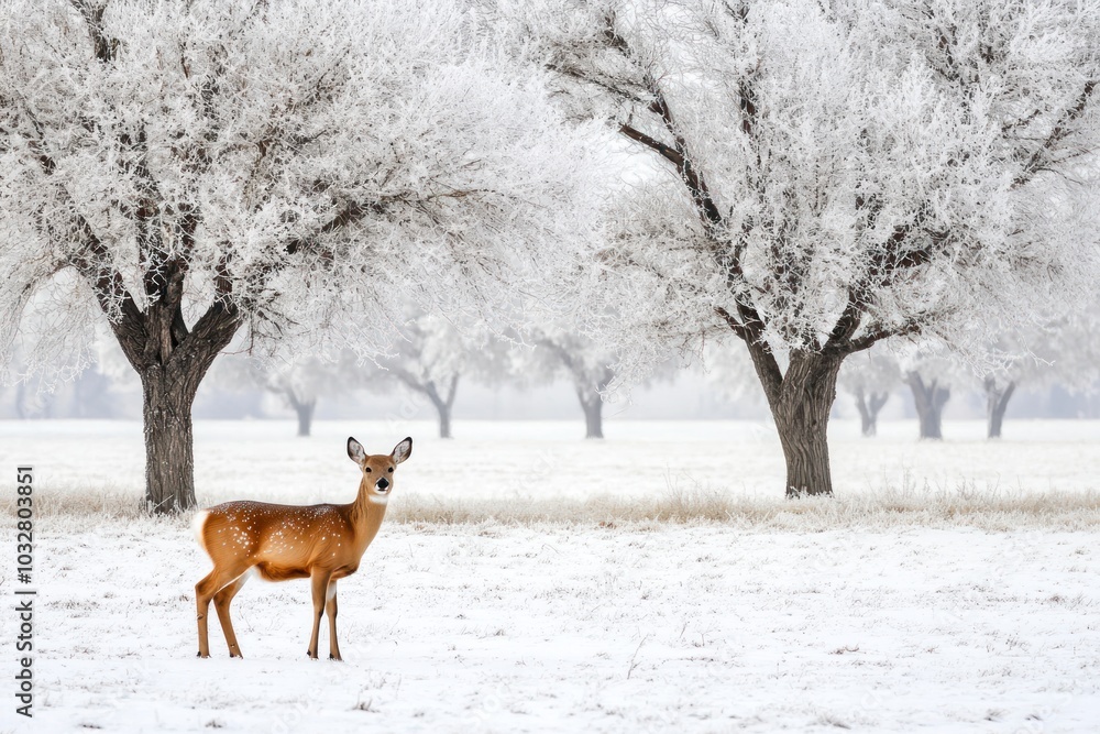 A Fawn Standing in a Snowy Field with Frost Covered Trees A Fawn Standing in a Snowy Field with Frost Covered Trees
