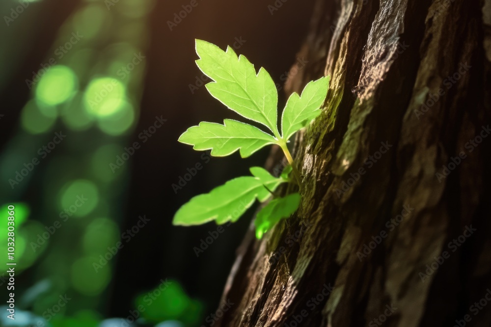 New plant sprouting from tree stump in sunlight