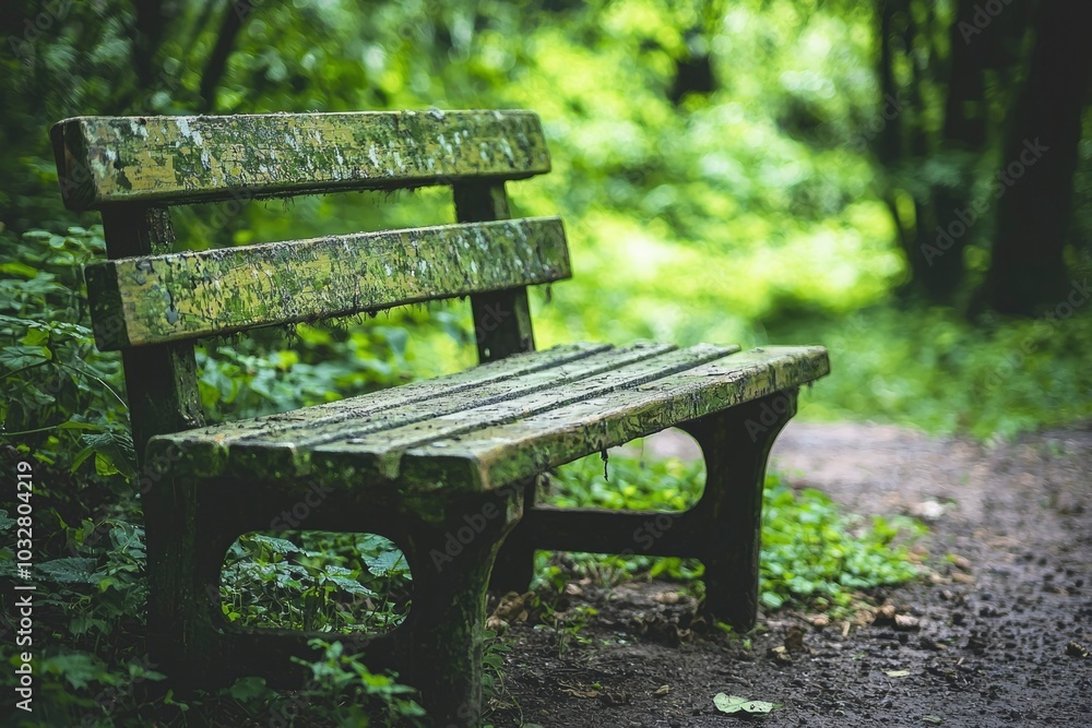 Weathered Wooden Bench in Lush Greenery Weathered Wooden Bench in Lush Greenery