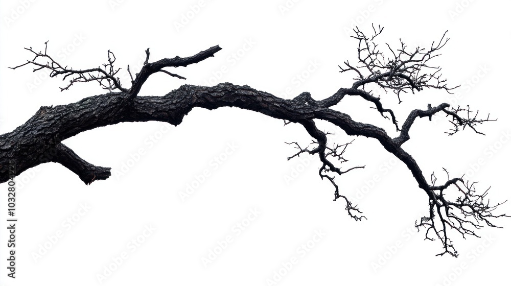 Obraz premium The slender, barren branch extends outward, showcasing a complex arrangement of twigs. Its dark texture contrasts sharply with the crisp white background, emphasizing its organic elegance