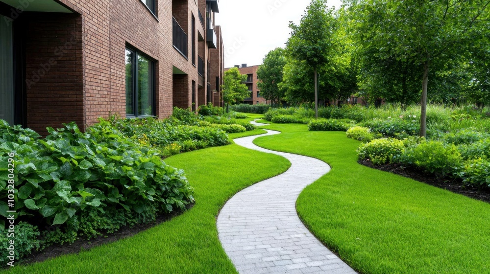 Fototapeta premium Sustainable landscape design being implemented around a new housing development, showcasing the integration of nature and eco-friendly urban planning