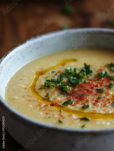 Creamy soup garnished with herbs and spices in a bowl.