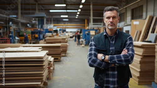 A determined man poses with arms crossed in a bustling woodworking factory, demonstrating his leadership among attentive workers and organized stacks of wood