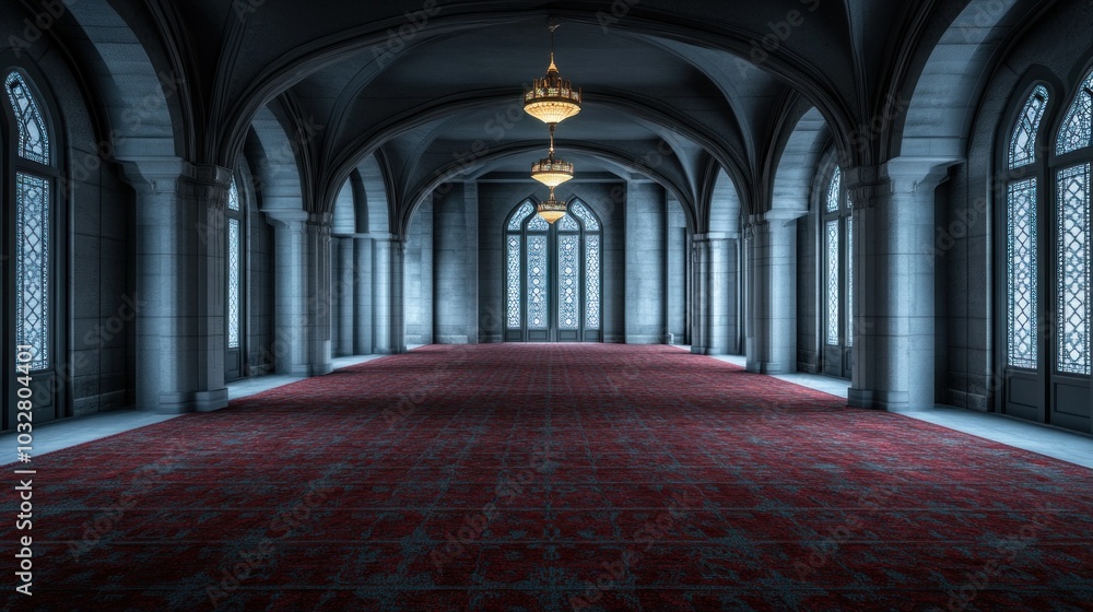 Obraz premium This spacious hall showcases elegant chandeliers hanging from a high ceiling, with arched windows allowing soft light to flood the red carpeted floor, creating a serene atmosphere