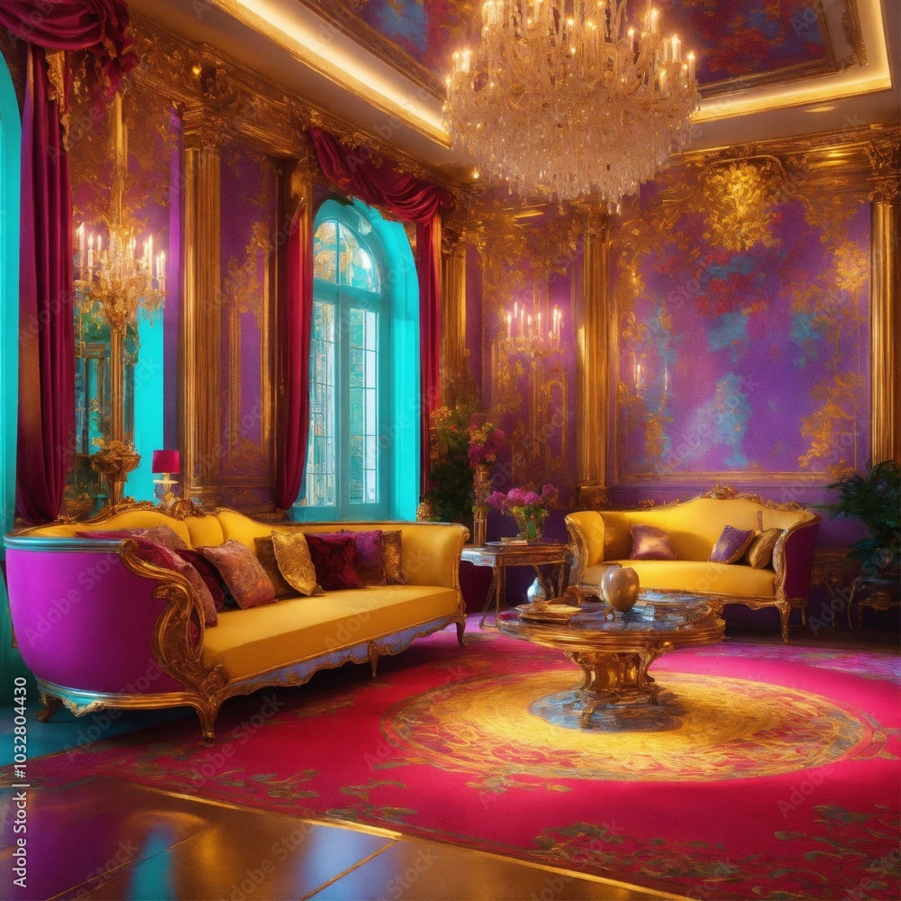 Fototapeta premium Luxury hotel room, colorful interior, AI generated illustration 