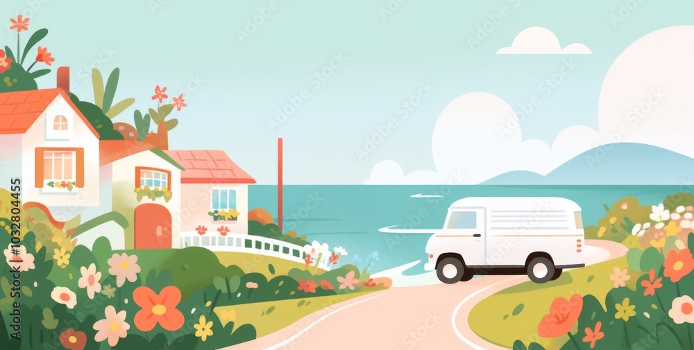 Naklejka premium a cute van driving on a road with a beautiful seaside and green hills in the background.