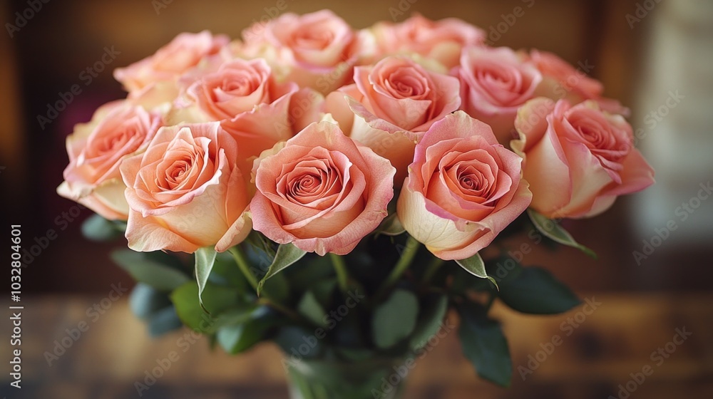 Fototapeta premium Beautiful bouquet of roses in a vase on a table, representing love, elegance, and the timeless charm of flowers