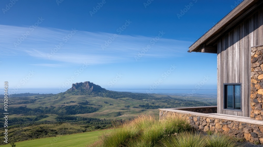 Fototapeta premium A stylish wooden structure is positioned on a hillside, offering a panoramic view of lush green fields and a prominent mountain in the distance, illuminated by the clear blue sky
