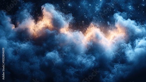 Wallpaper Mural A mesmerizing display of clouds subtly lit by warm, golden hues, contrasting against a deep blue night sky filled with shimmering stars, creating a captivating atmospheric effect Torontodigital.ca