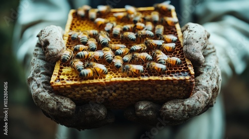Beekeeper inspecting honeycombs in a hive, representing the delicate balance between nature and agriculture in apiculture