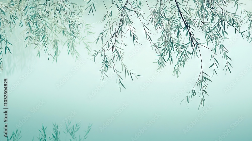 Obraz premium The branches of a willow tree are mirrored in the water of a lake, surrounded by a blue sky