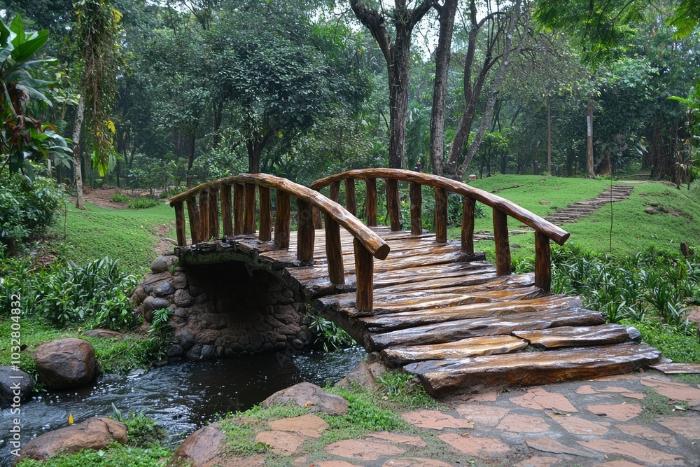 Wooden Bridge Over a Stream in a Lush Green Forest Wooden Bridge Over a Stream in a Lush Green Forest