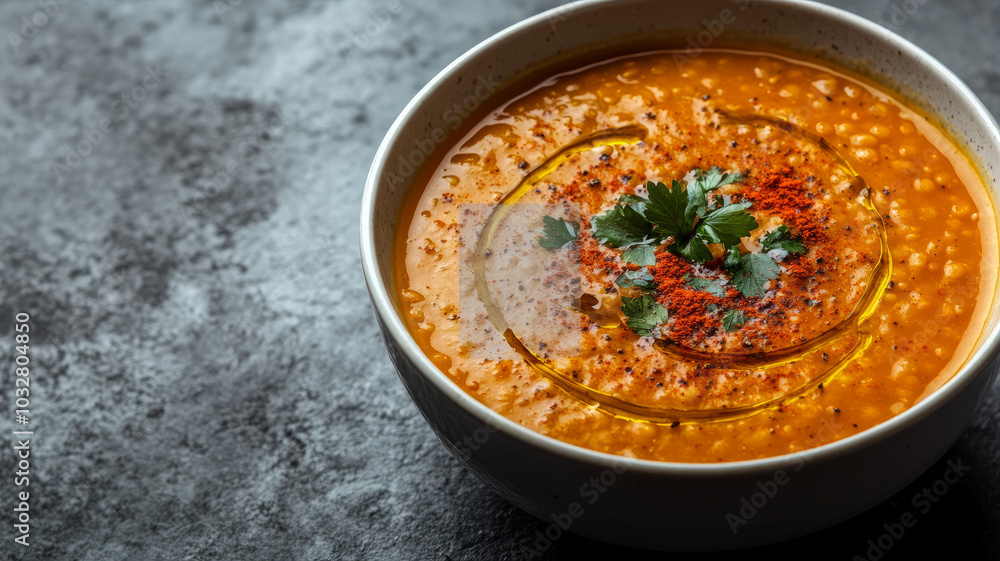 Bowl of spicy lentil soup with herbs on top Bowl of spicy lentil soup with herbs on top