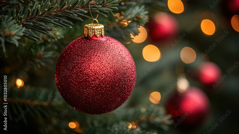 A glittering red ornament is suspended from a pine branch, surrounded by warm, twinkling lights that create a festive atmosphere during the holiday celebrations