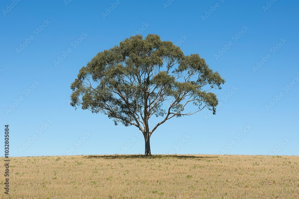 A solitary tree stands tall in a field of dry grass against a clear blue sky. A solitary tree stands tall in a field of dry grass against a clear blue sky.