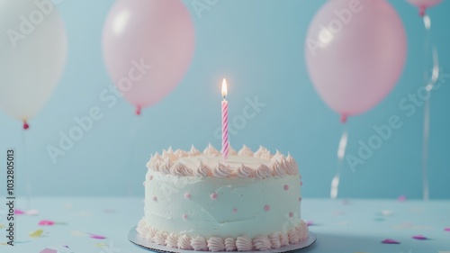 Celebratory birthday cake featuring one candle, set against a pastel blue background adorned with balloons and confetti.