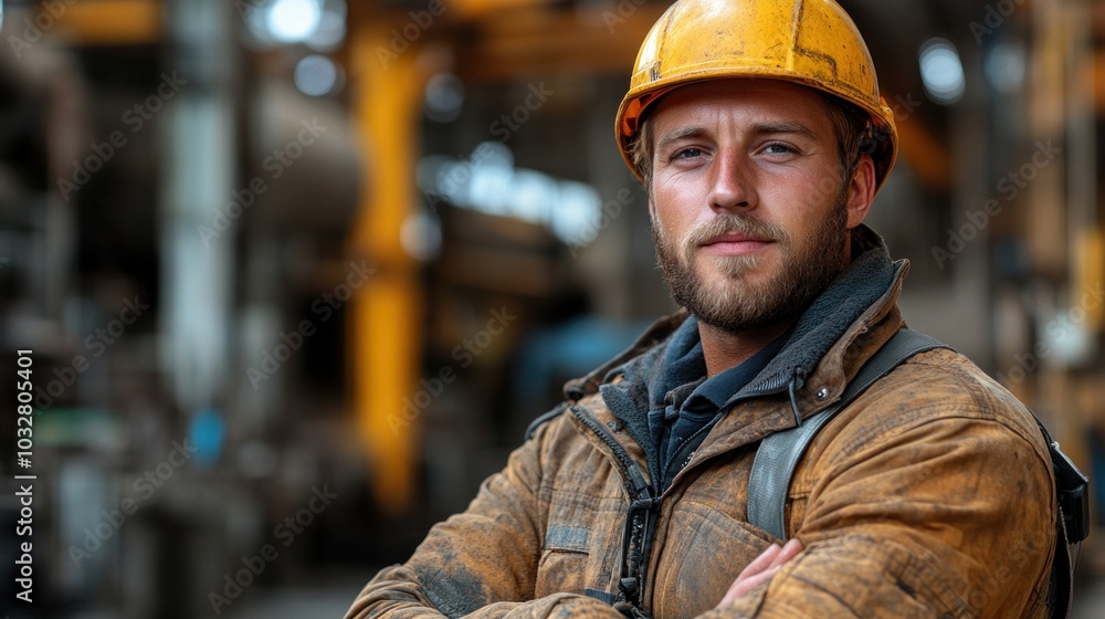 The construction worker, dressed in a worn jacket and a yellow hard hat, poses confidently in a busy industrial environment filled with machinery and tools during the day The construction worker, dressed in a worn jacket and a yellow hard hat, poses confidently in a busy industrial environment filled with machinery and tools during the day