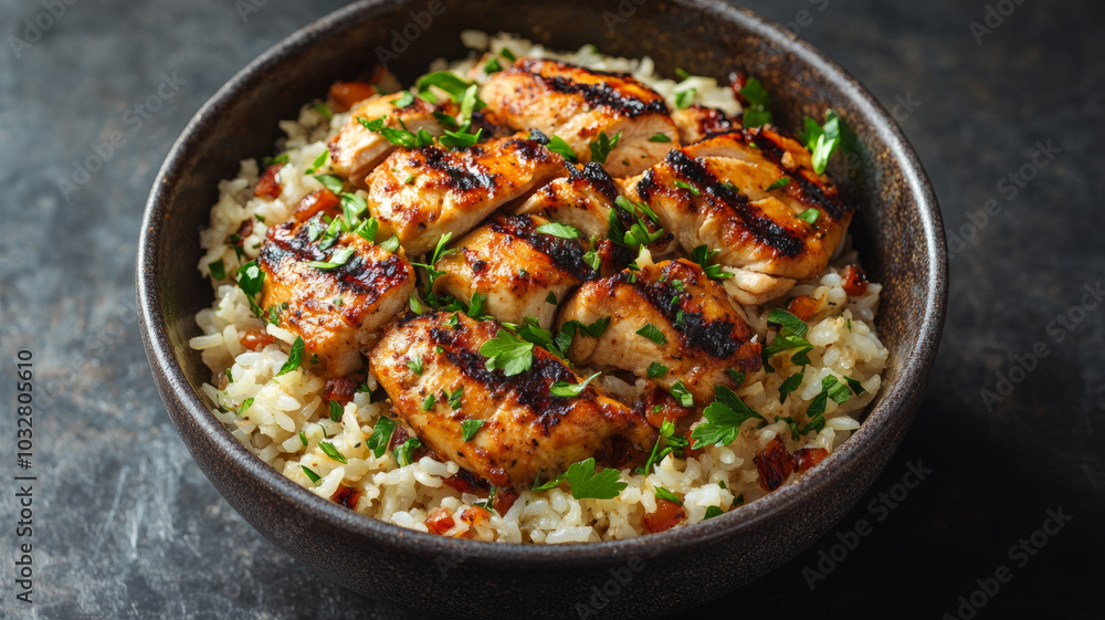Grilled chicken on rice garnished with parsley. Grilled chicken on rice garnished with parsley.