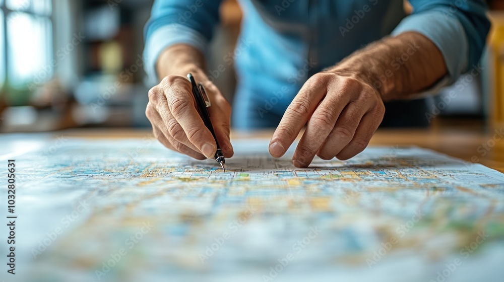 A person uses a pen to mark travel destinations on a colorful map spread out on a wooden table, with warm sunlight illuminating the workspace in the morning A person uses a pen to mark travel destinations on a colorful map spread out on a wooden table, with warm sunlight illuminating the workspace in the morning